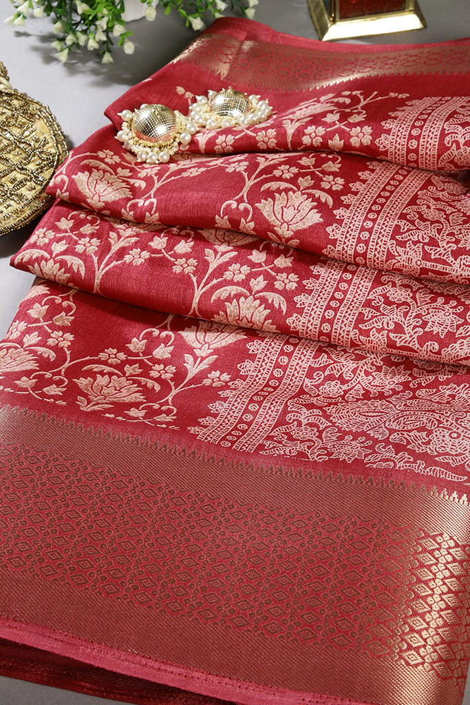 Coral Pink Color Cotton Silk Block Printed Saree