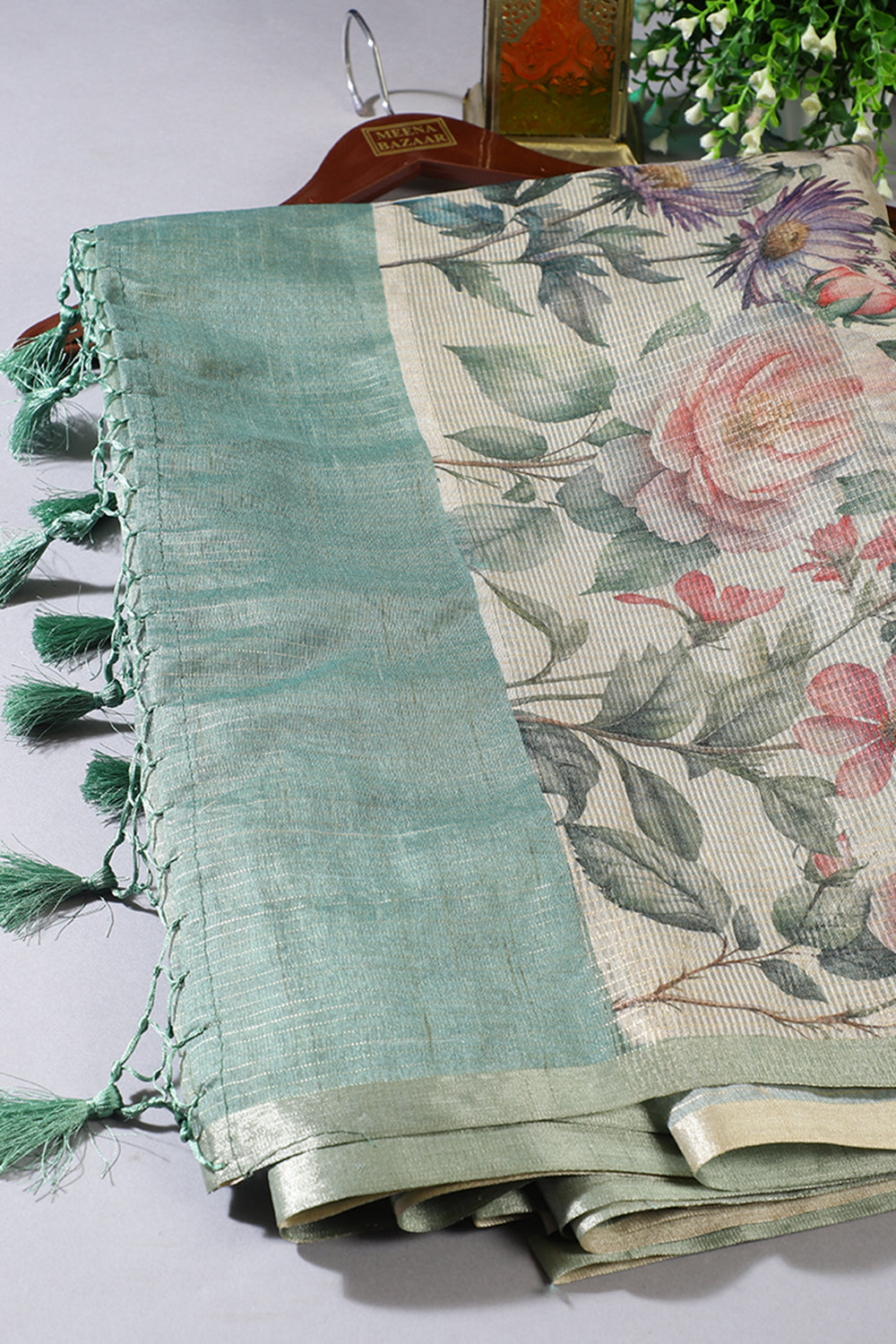 Beige & Green Metallic Tissue Floral Printed Saree