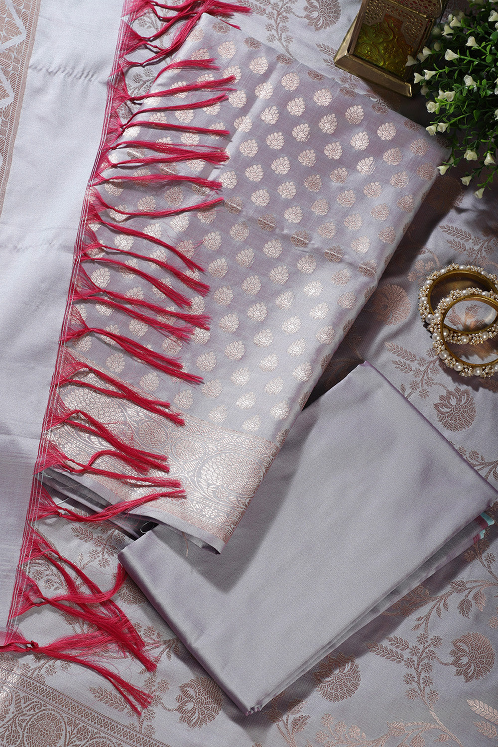 Grey Silk Buta Motifs Woven Unstitched Suit Fabric