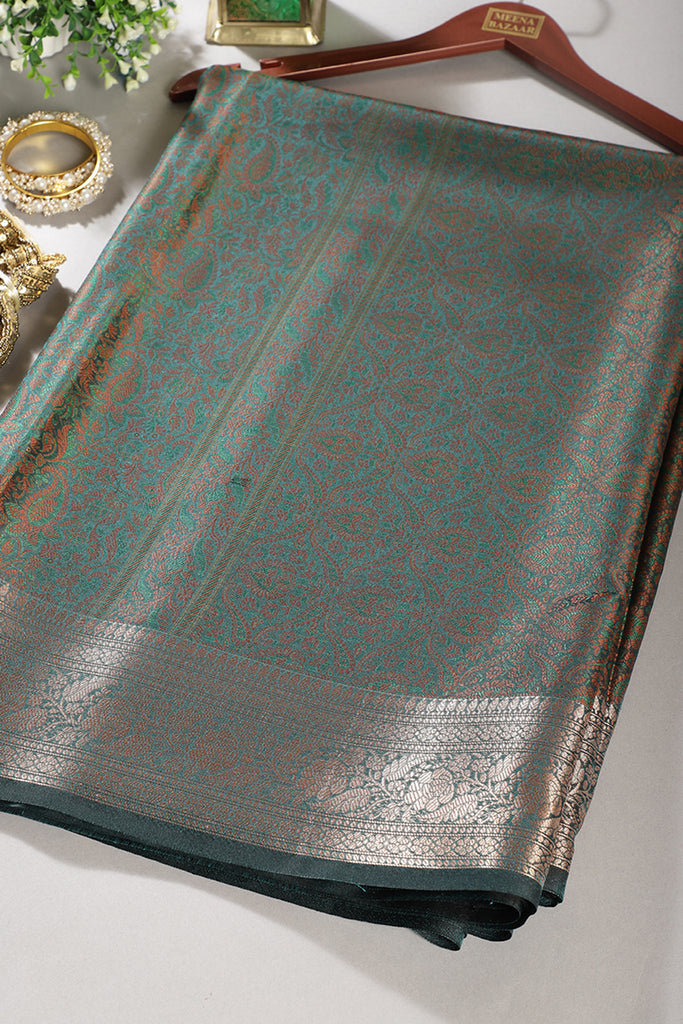 Teal Green Silk Floral and Paisley Resham & Zari Woven Saree
