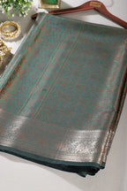 Teal Green Silk Floral and Paisley Resham & Zari Woven Saree