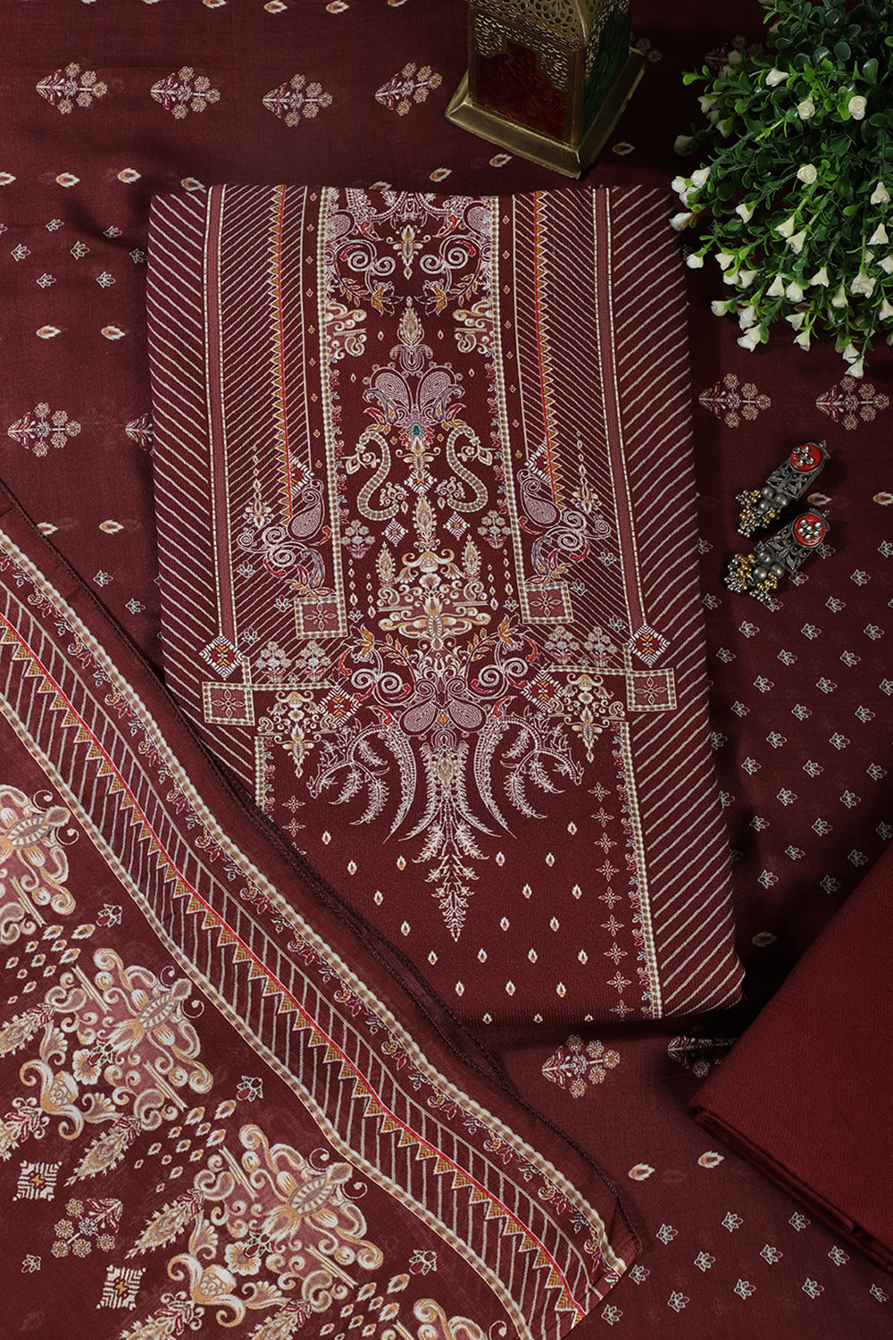 Maroon Mughal-Inspired Paisley Printed Spun  Unstitched Suits Fabric