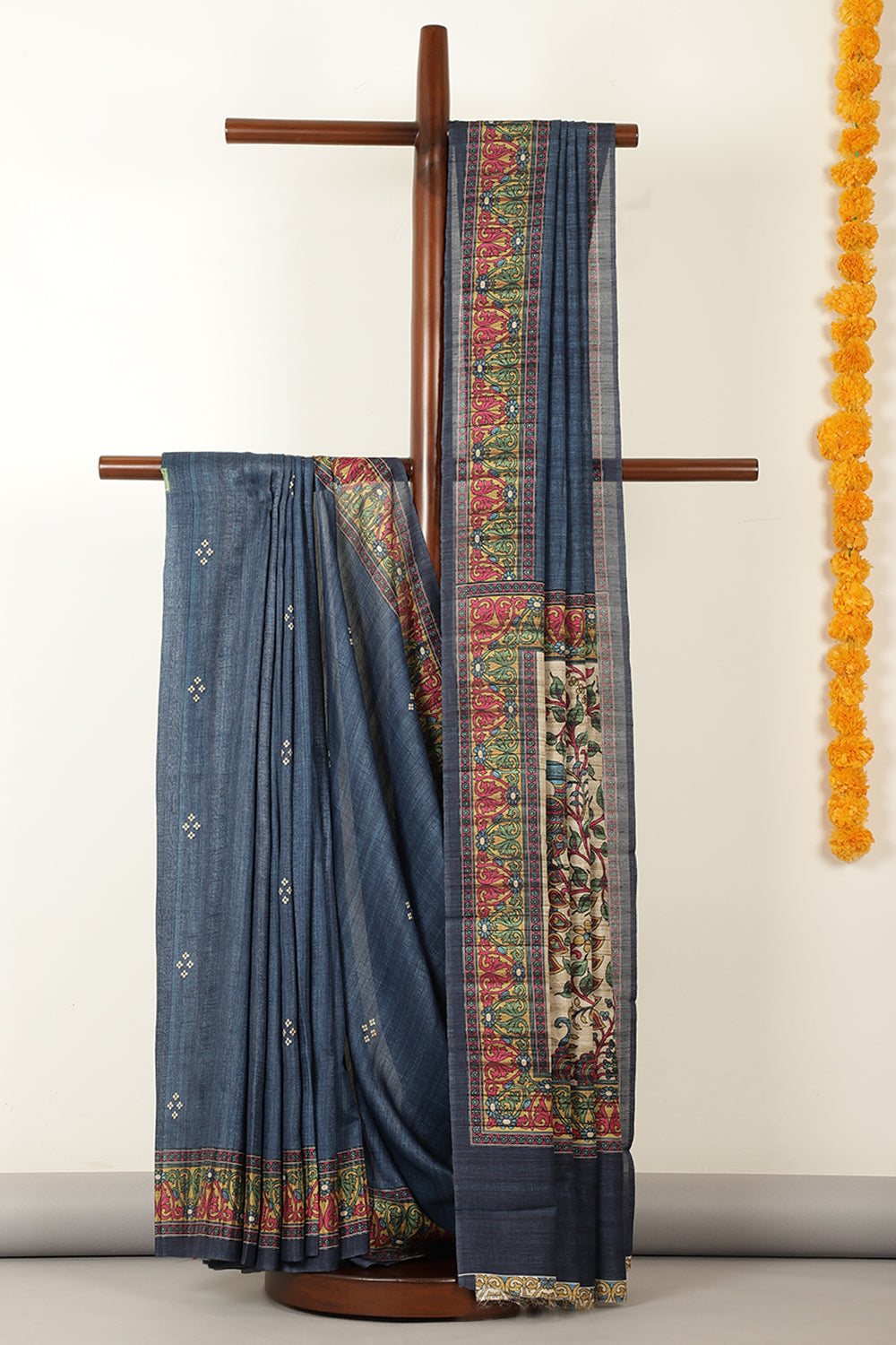 Blue Madhubani Printed Tussar Silk Saree