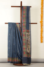 Blue Madhubani Printed Tussar Silk Saree