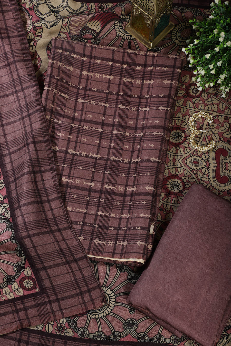 Wine Printed Spun Unstitched Suit Fabric