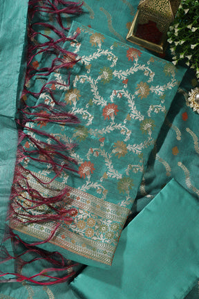 Teal Green Coral Chanderi Silk Resham And Zari Woven Unstitched Suit Material