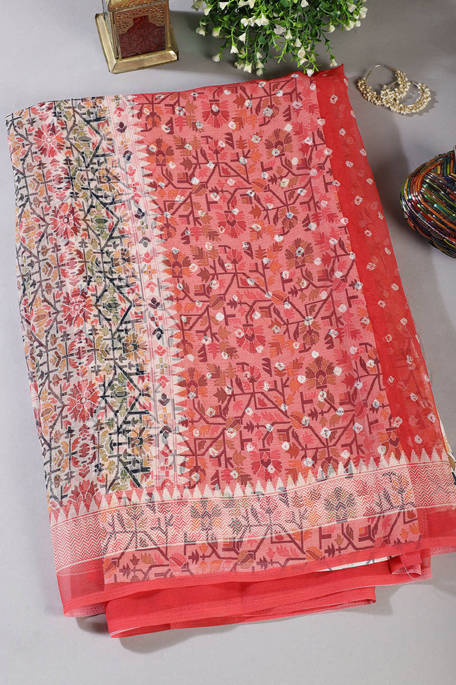 Red Printed Chiffon Saree