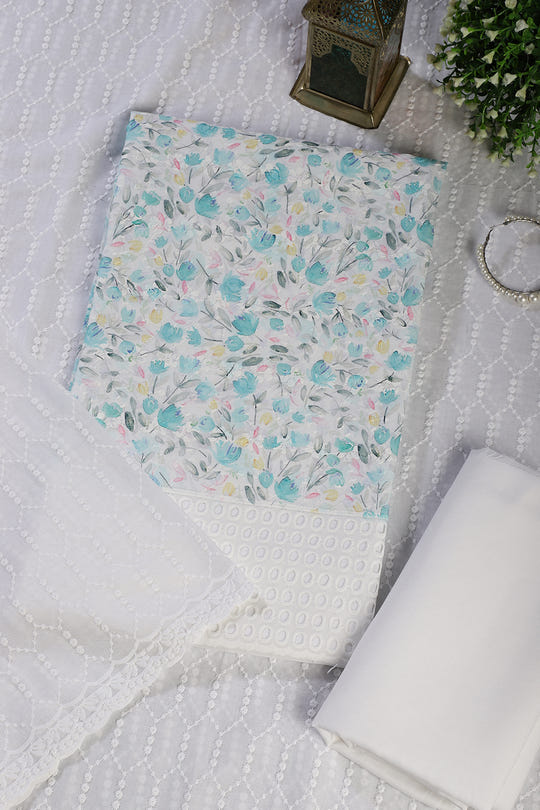 White & Blue Cotton Floral Printed and Resham Embroidered Unstitched Suit Material