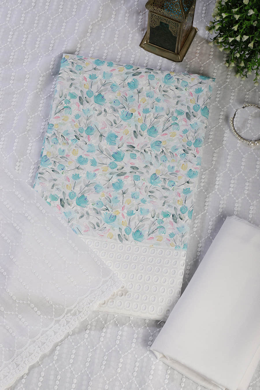 White & Blue Cotton Floral Printed and Resham Embroidered Unstitched Suit Material