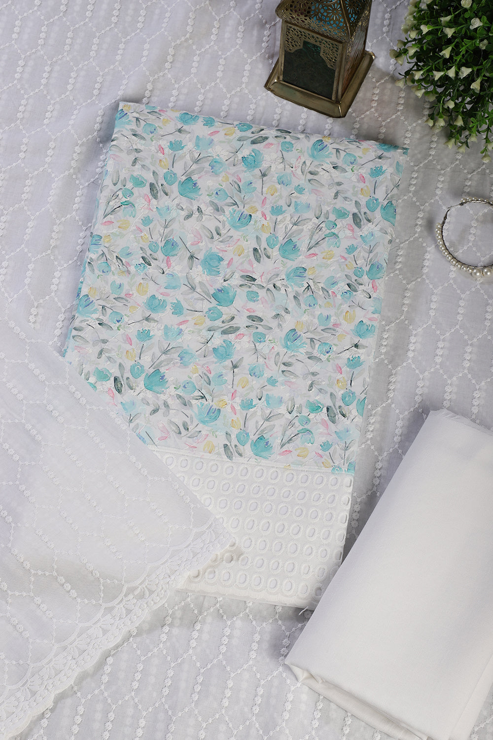 White & Blue Cotton Floral Printed and Resham Embroidered Unstitched Suit Material