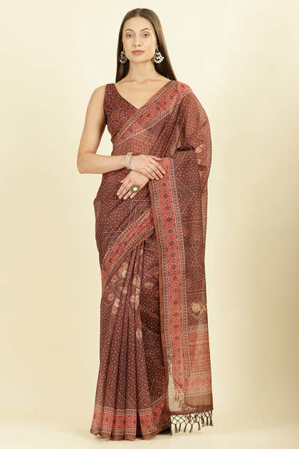 Brown Organza Cotton Bandhani Block Printed Saree