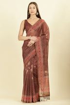 Brown Organza Cotton Bandhani Block Printed Saree