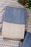 Blue Tussar Cotton Printed And Reham Embroidered Unstiched Suit Material