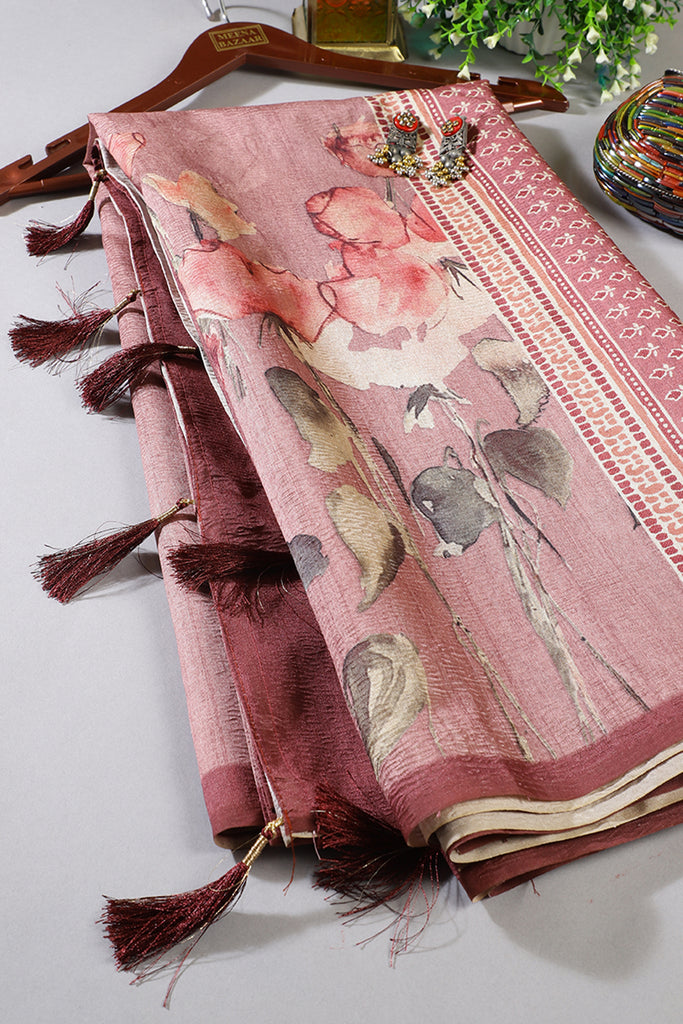 Dusty Pink Floral Printed Tussar Silk Saree