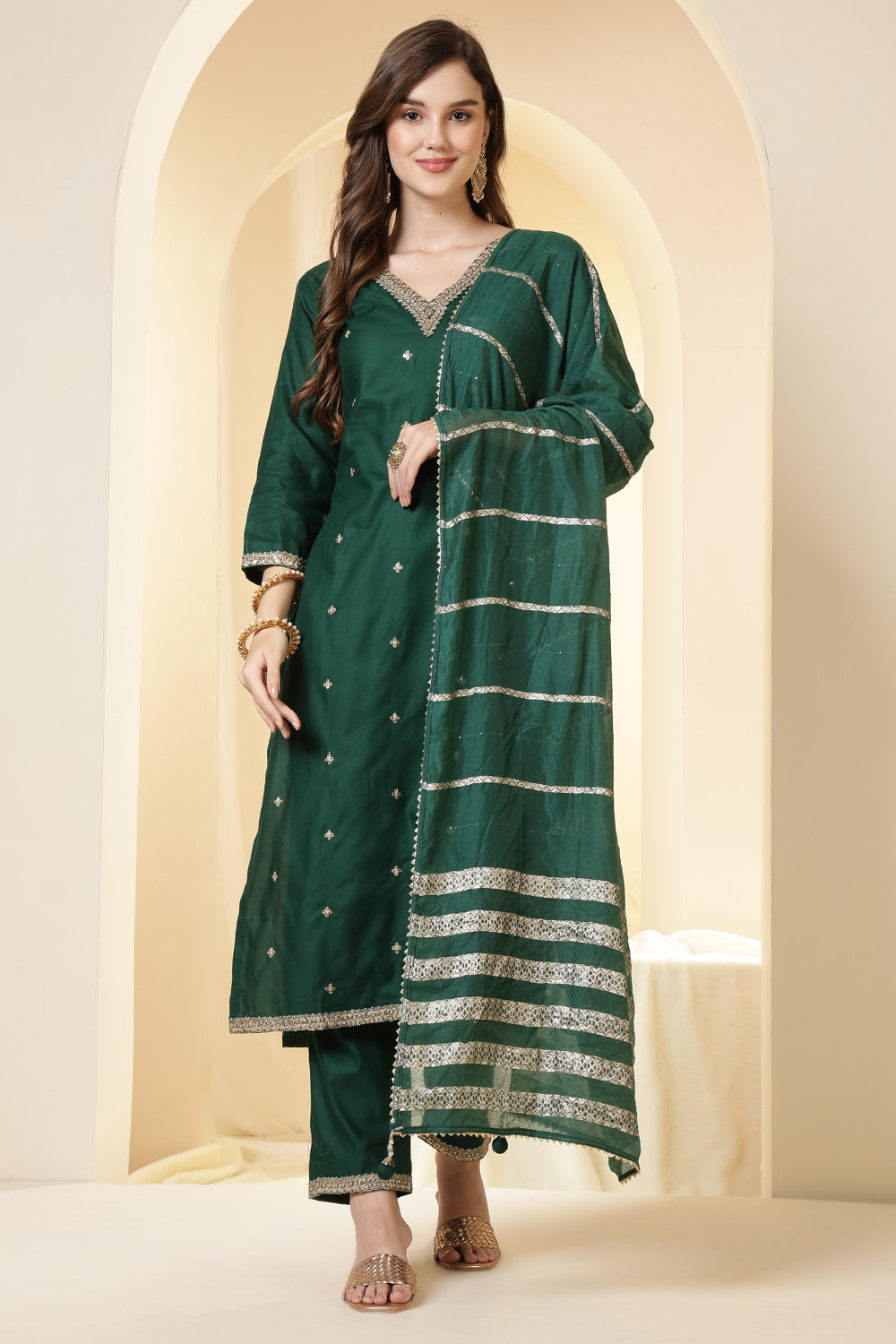 Green Color Silk Embroidered Suit Set