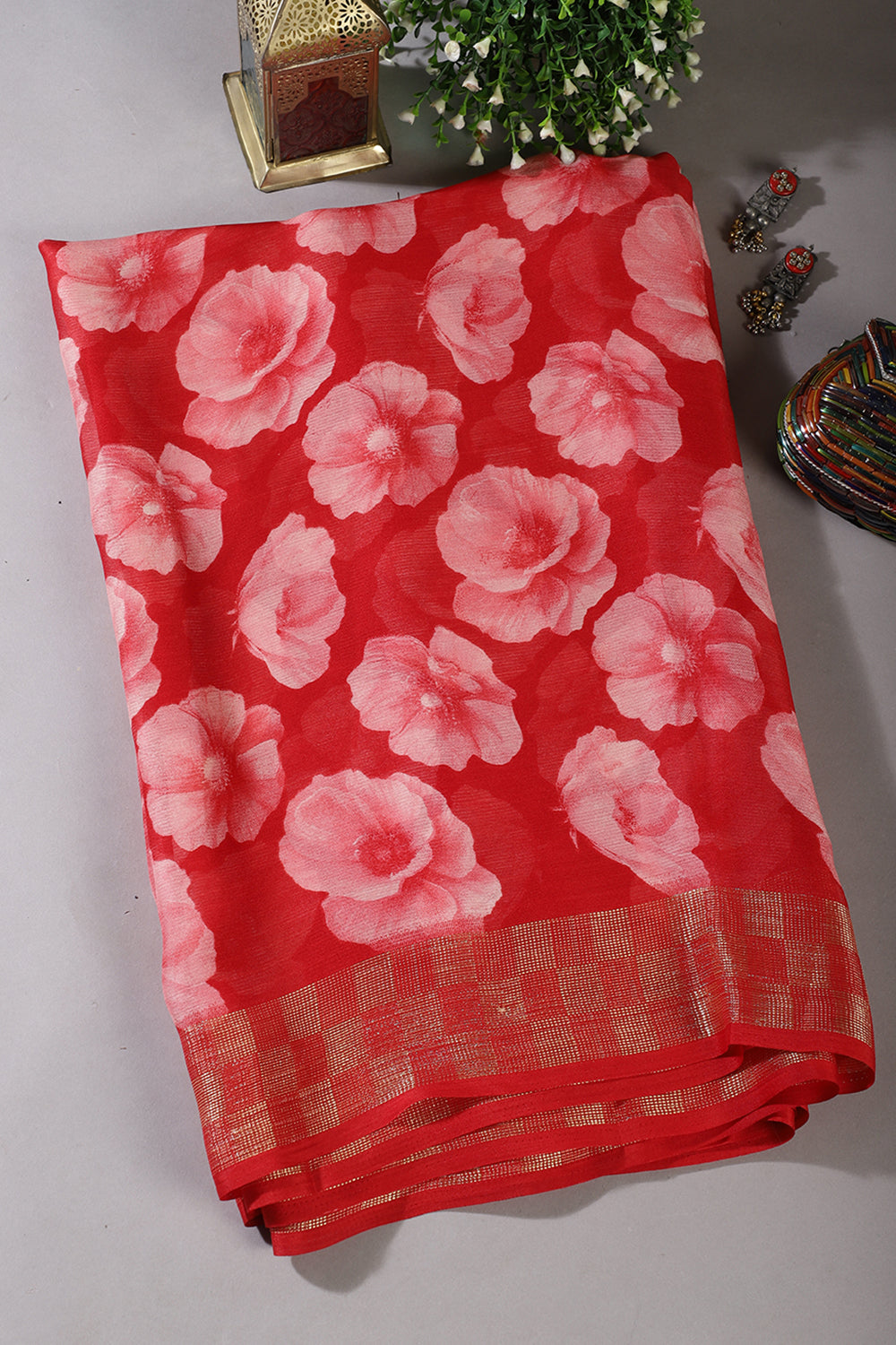 Red Chiffon Floral Printed Saree