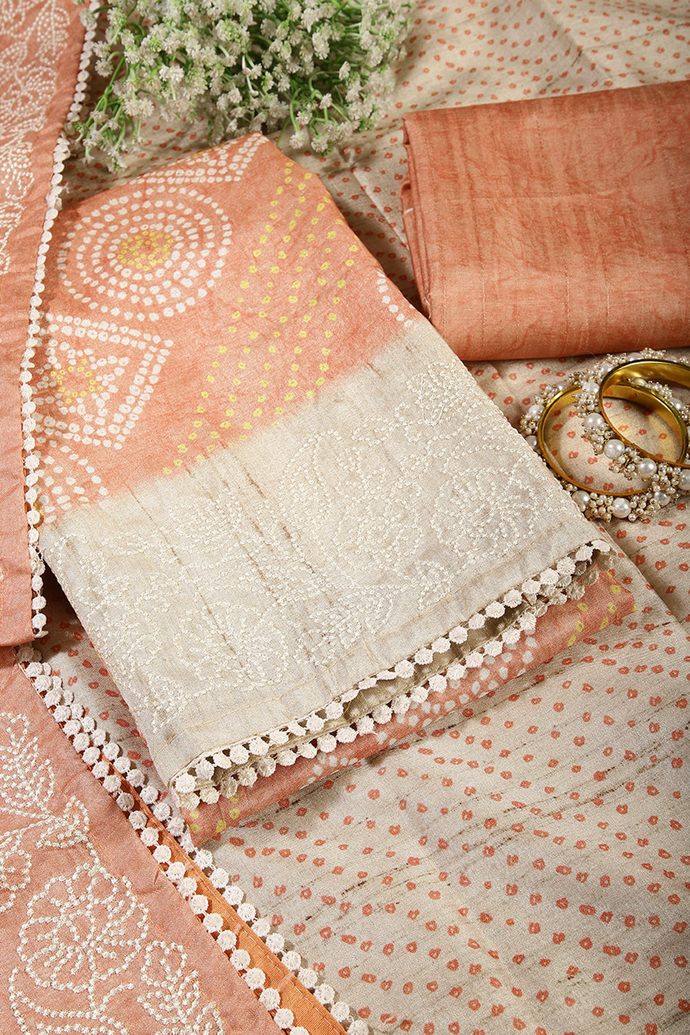 Blush Orange Color Tussar Silk Bandhani Printed Unstitched Suit Material