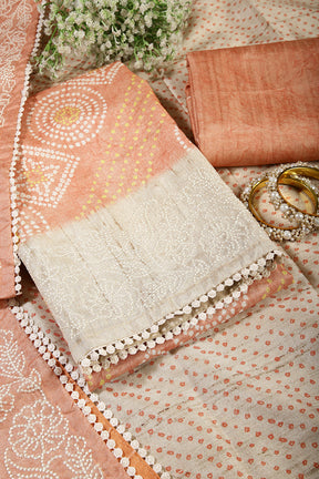 Blush Orange Color Tussar Silk Bandhani Printed Unstitched Suit Material