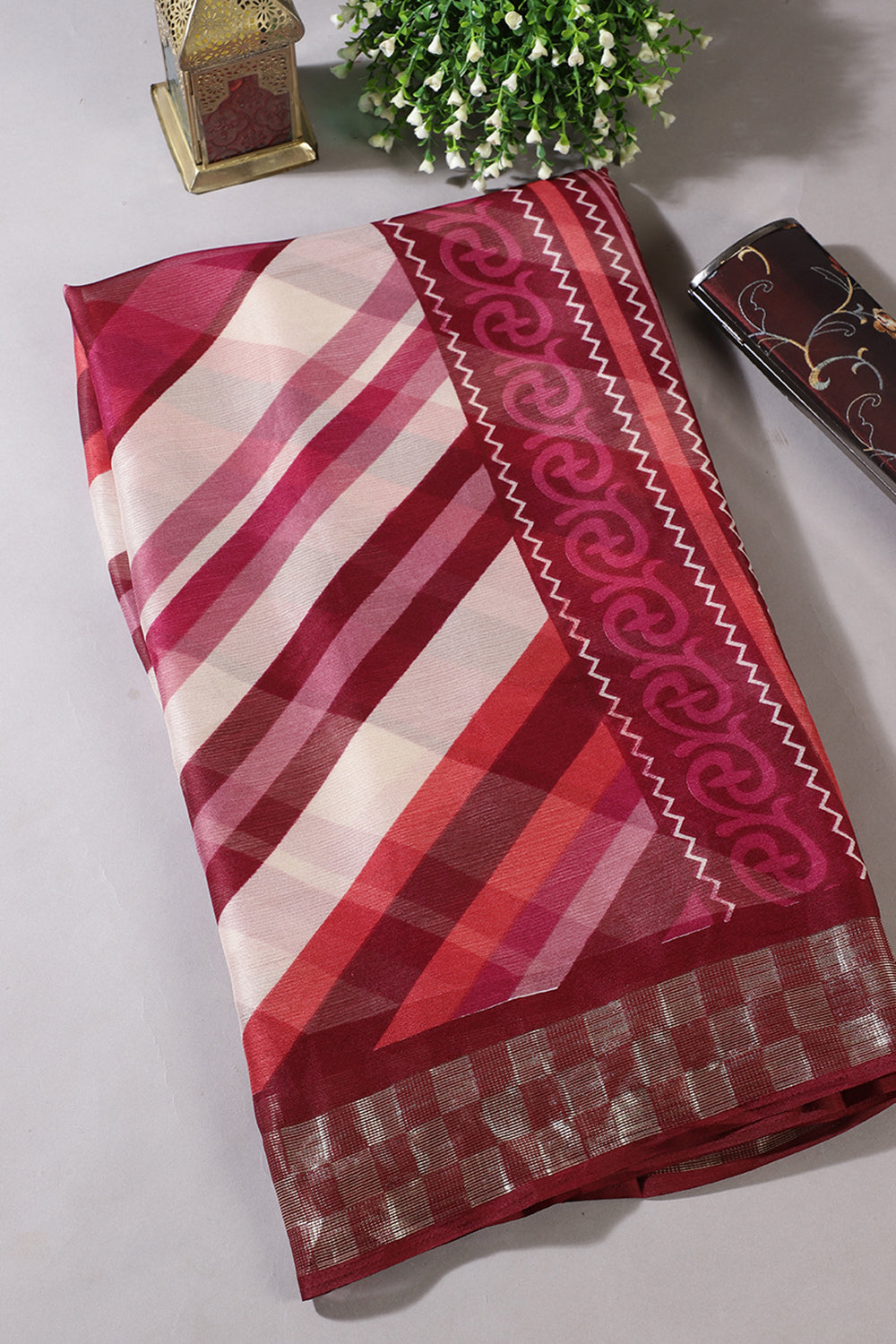 Wine Color Chiffon Printed Saree