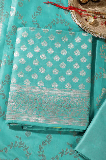 Sea Green Silk Zari Woven Unstitched Suit Fabric