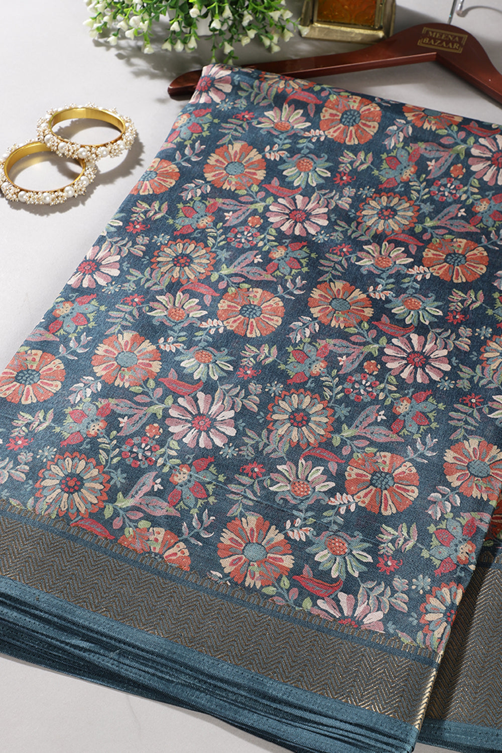 Blue Colour Floral Printed Cotton Silk Saree