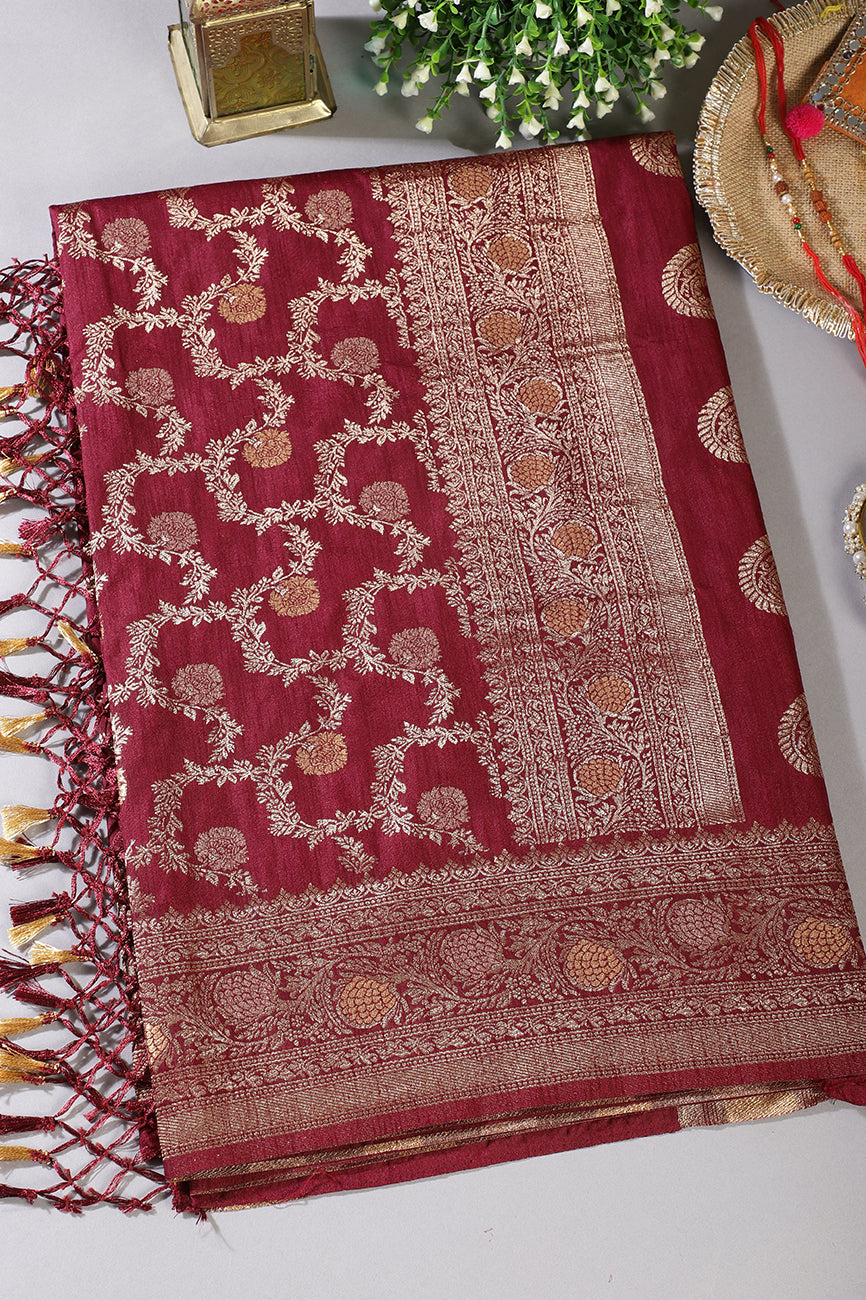 Dark Scarlet Silk Floral Zaal Woven Banarasi Saree