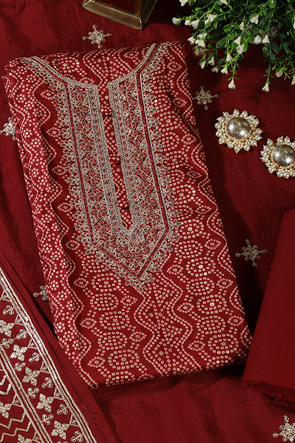 Maroon Cotton Bandhani Printed & Neck Embroidered Unstitched Suit