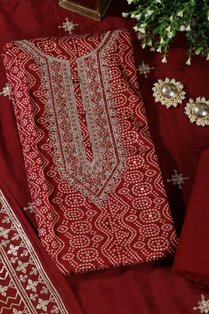 Maroon Cotton Bandhani Printed & Neck Embroidered Unstitched Suit