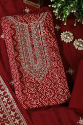 Maroon Cotton Bandhani Printed & Neck Embroidered Unstitched Suit