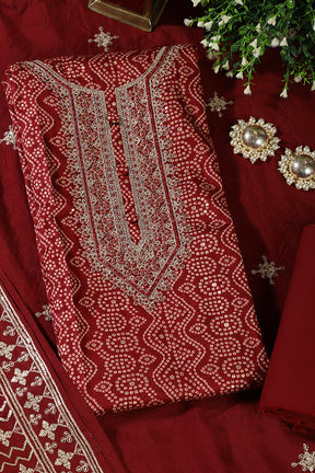 Maroon Cotton Bandhani Printed & Neck Embroidered Unstitched Suit