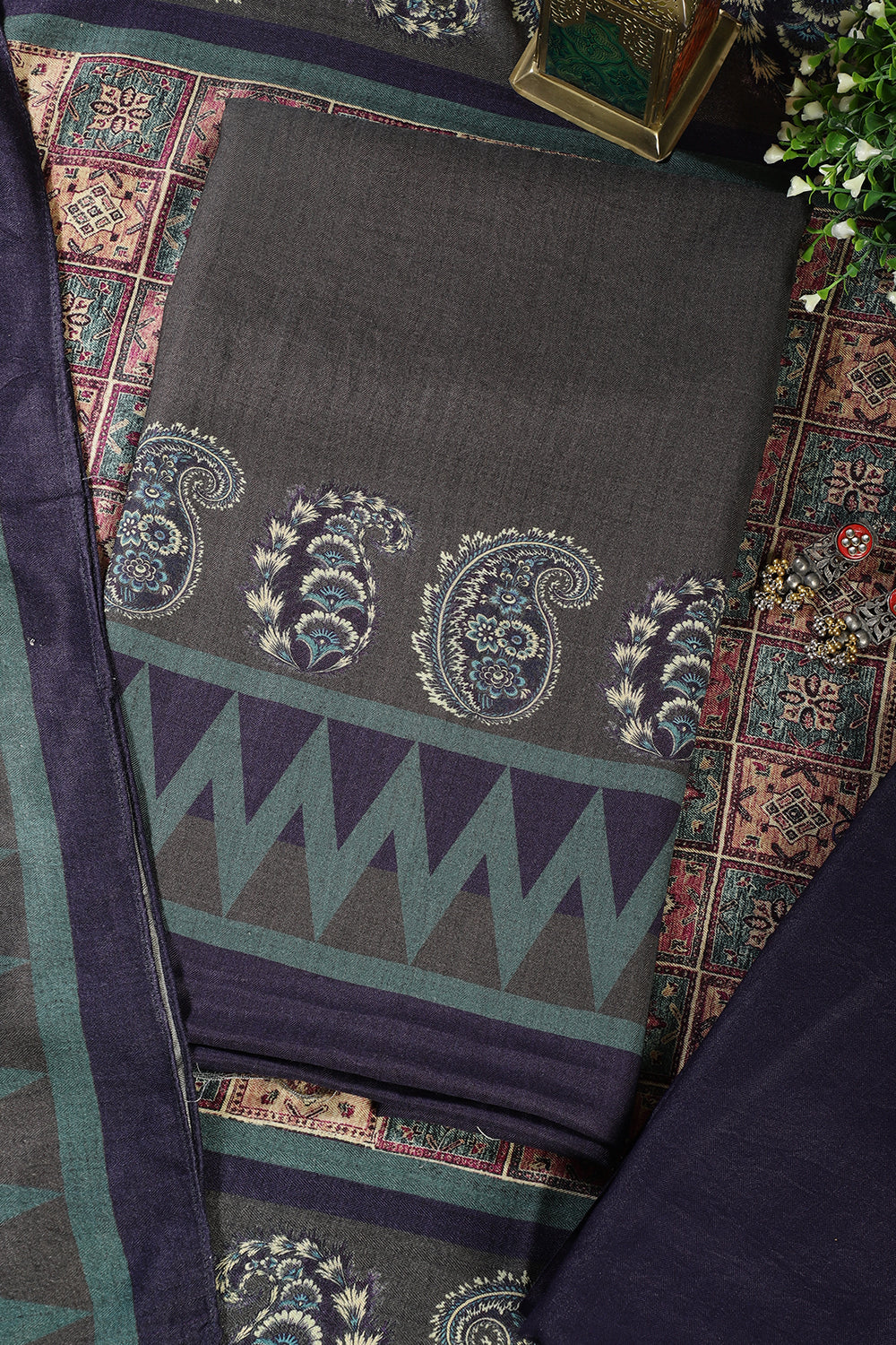 Greenish Grey Spun Printed Unstitched Suit