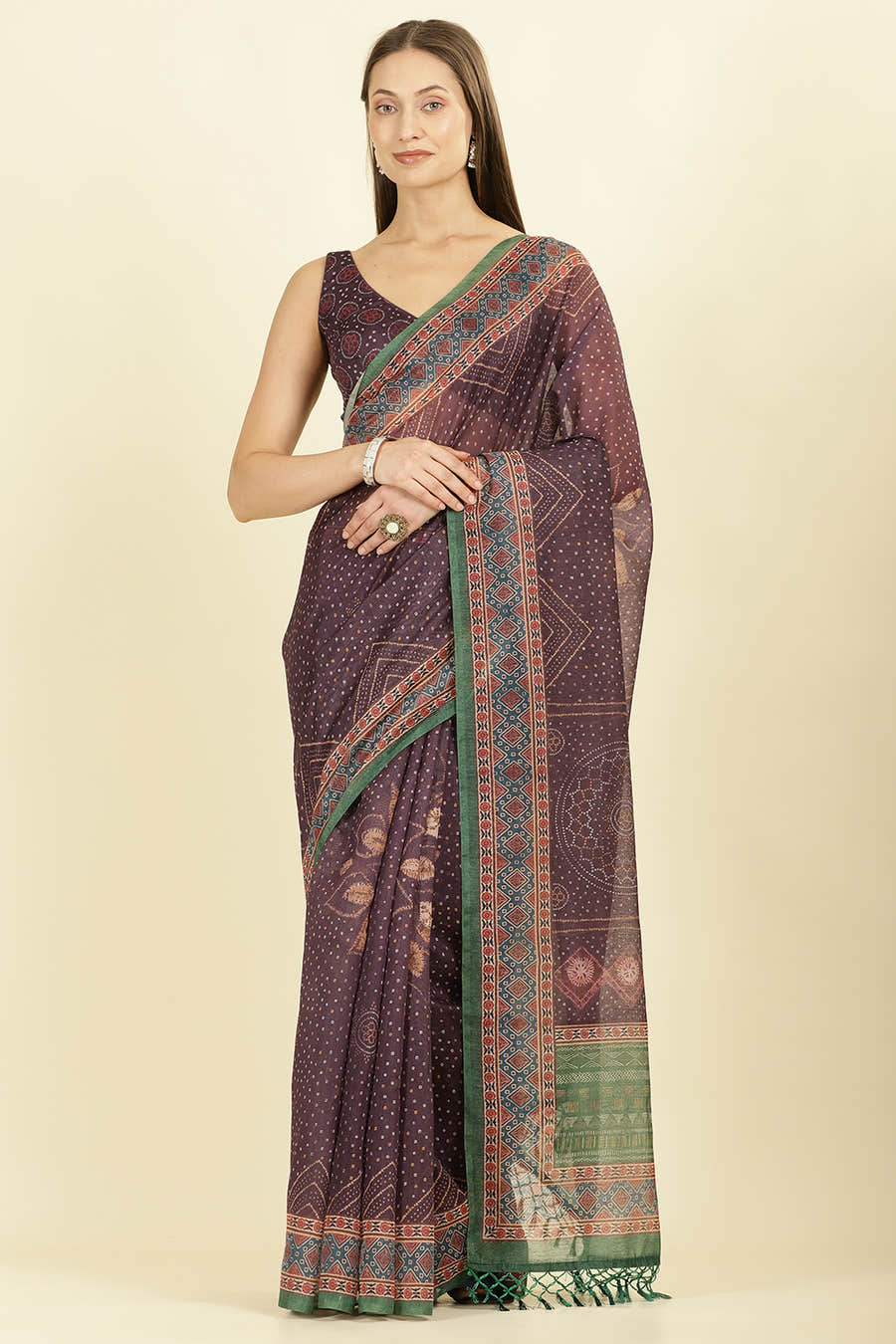 Dirty Purple Organza Cotton Bandhani Block Printed Saree