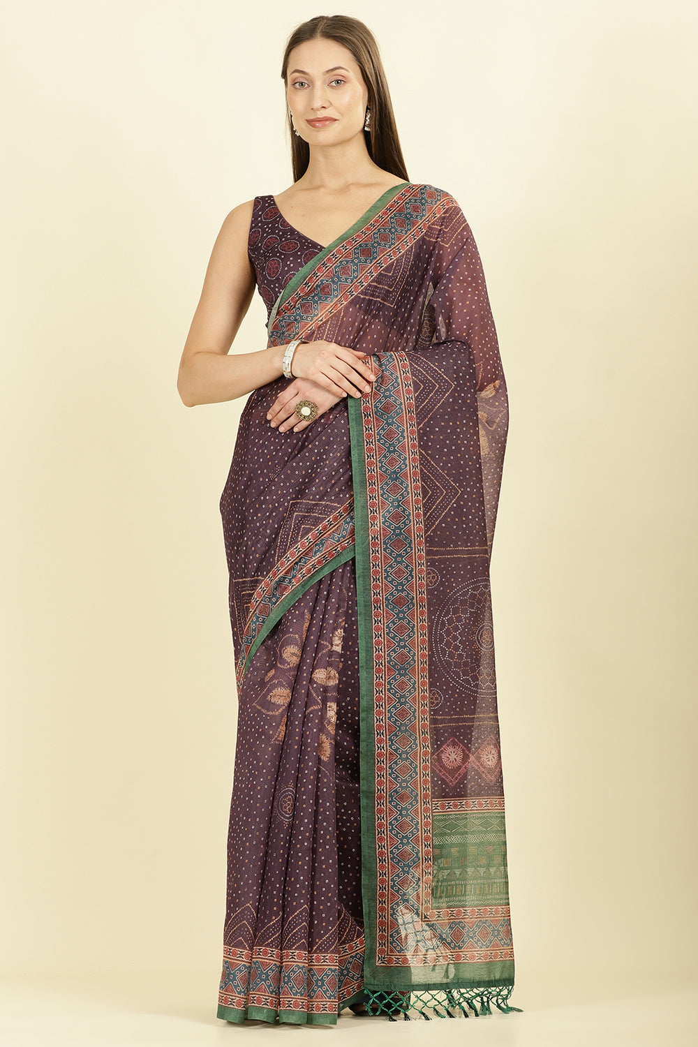 Dirty Purple Organza Cotton Bandhani Block Printed Saree