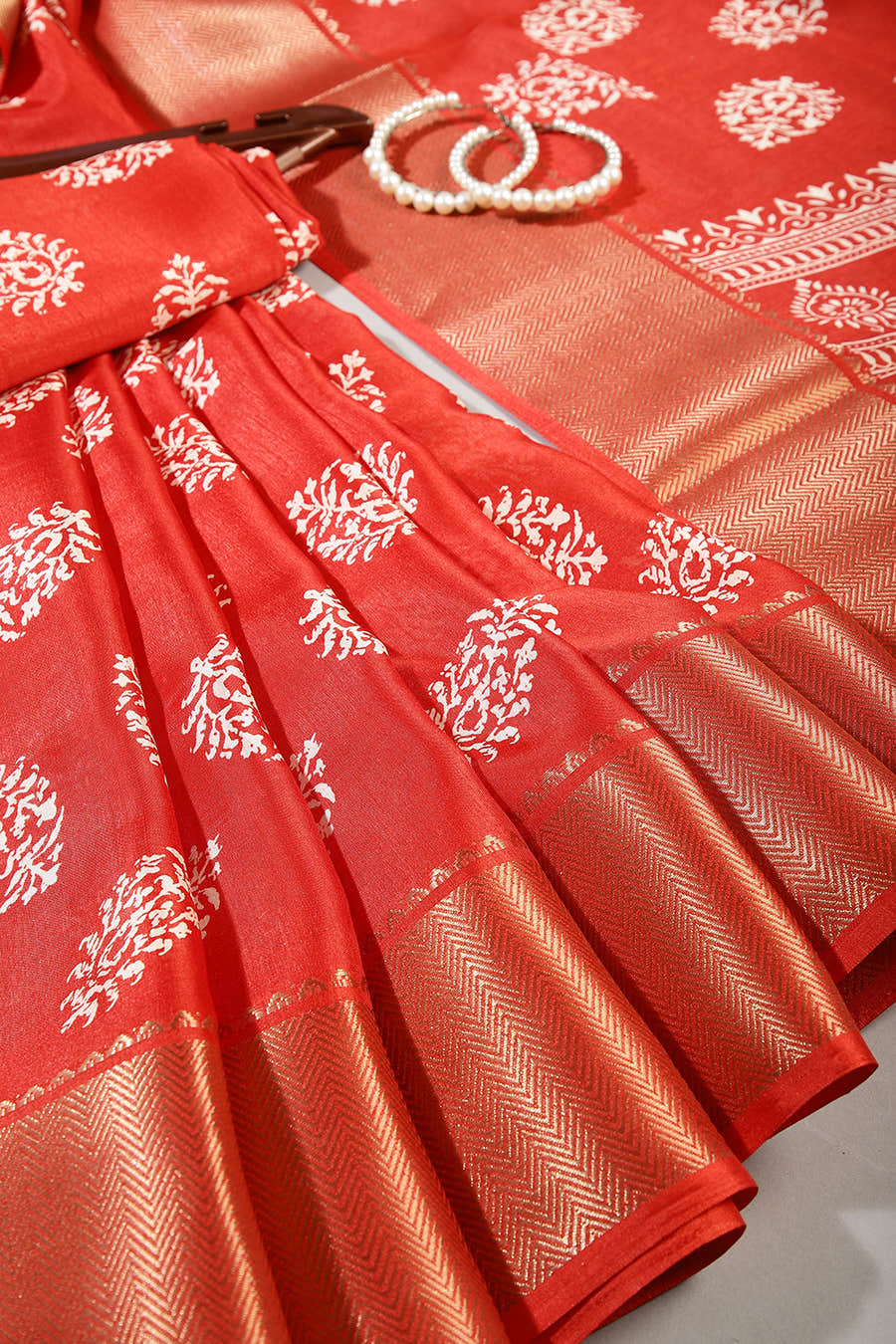 Coral Red Color Block Printed Cotton Silk Saree