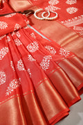 Coral Red Color Block Printed Cotton Silk Saree