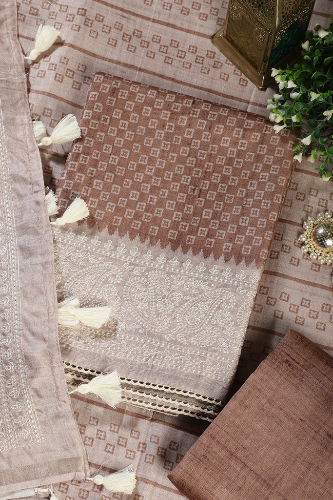 Light Brown Tussar Cotton Printed And Reham Embroidered Unstiched Suit Material