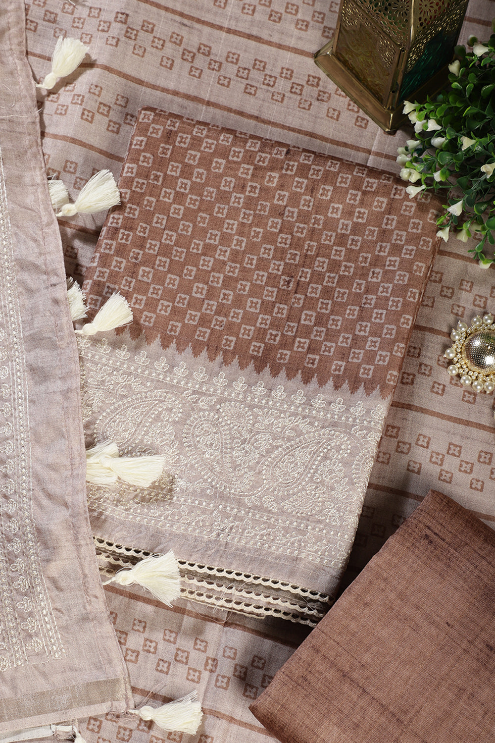 Light Brown Tussar Cotton Printed And Reham Embroidered Unstiched Suit Material