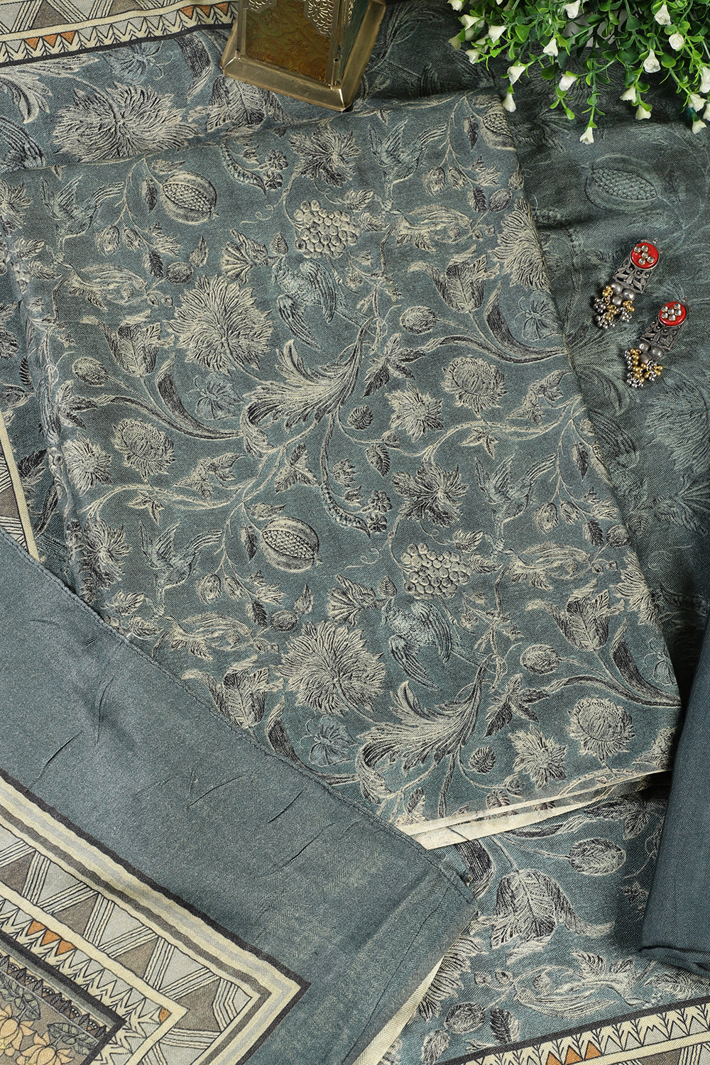 Blue Floral Printed Spun Unstitched Suit Material