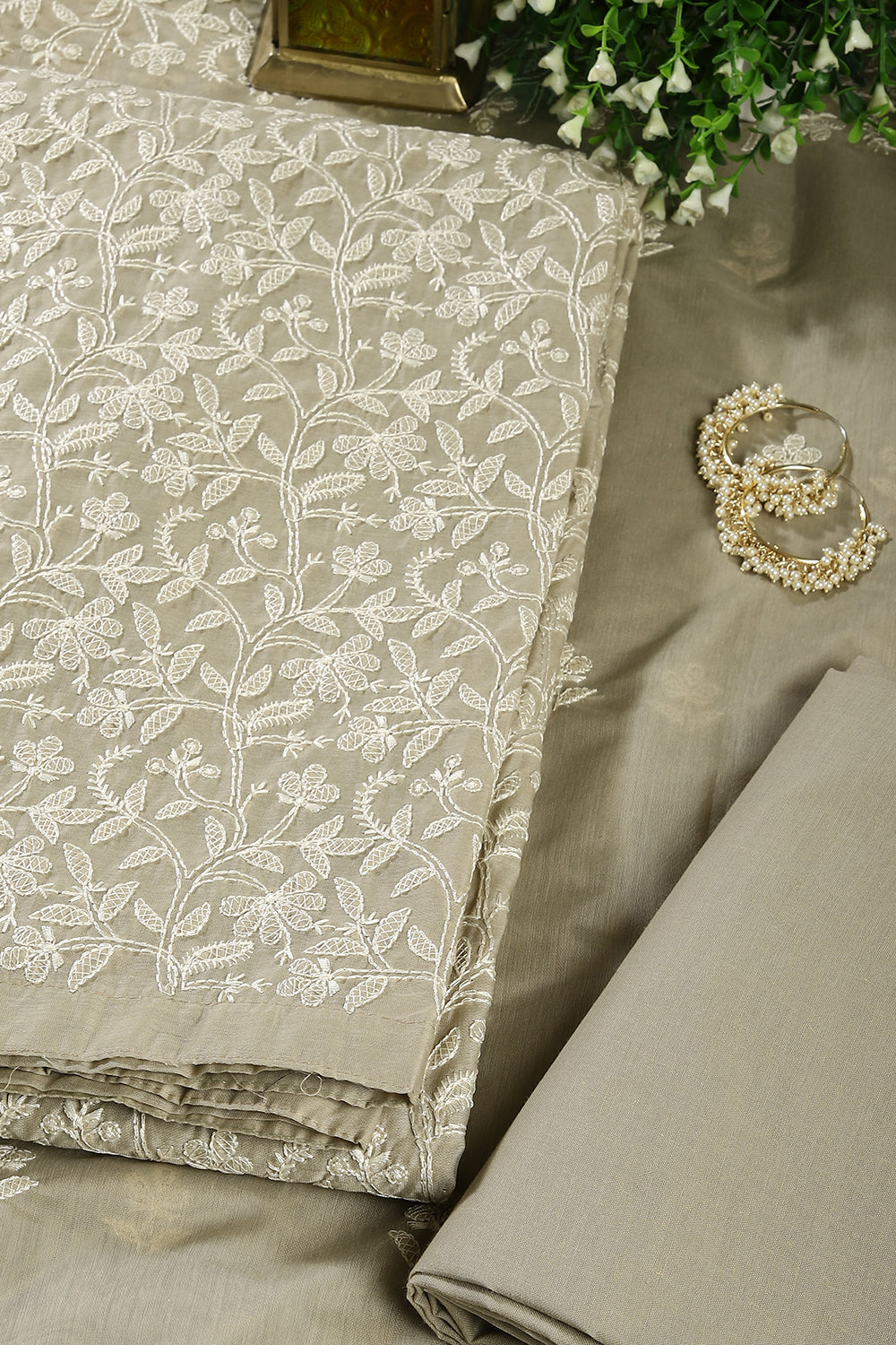 Greenish Grey Colour Resham Embroidered Chanderi Unstitched Suit