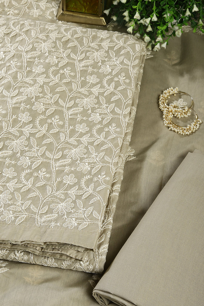 Greenish Grey Colour Resham Embroidered Chanderi Unstitched Suit