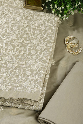 Greenish Grey Colour Resham Embroidered Chanderi Unstitched Suit