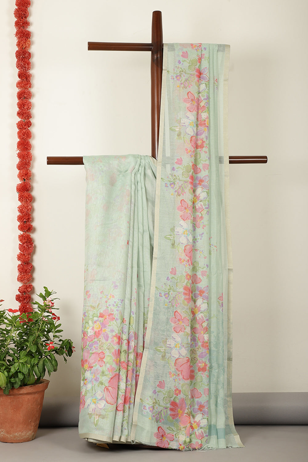Seagreen Organza Cotton Floral Printed Saree