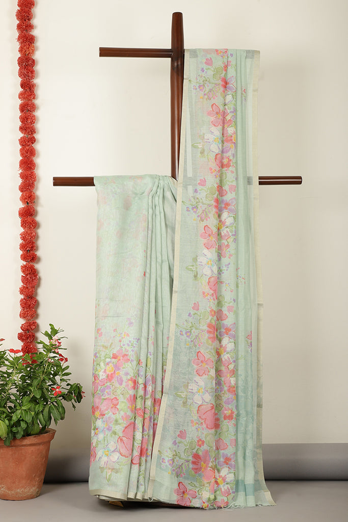 Seagreen Organza Cotton Floral Printed Saree
