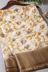 Mustard & Cream Colour Floral Printed Cotton Silk Saree