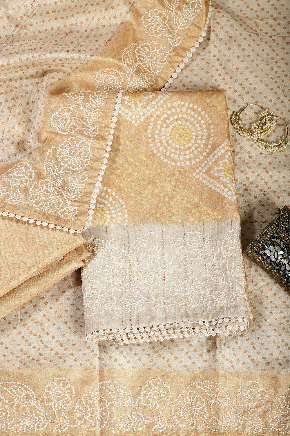 Mustard Color Tussar Silk Bandhani Printed Unstitched Suit Material