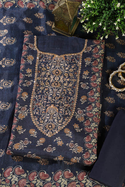 Navy Muslin Printed Unstitched Suit Fabric