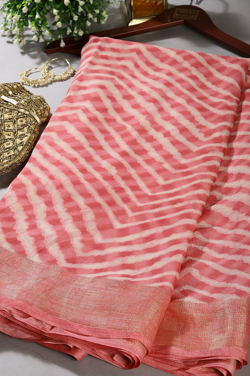 Coral Color Chiffon Leheriya Printed Saree
