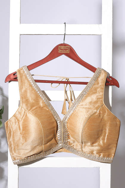 Beige Tussar Silk Zari And Sequins Embroidered Readymade Blouse
