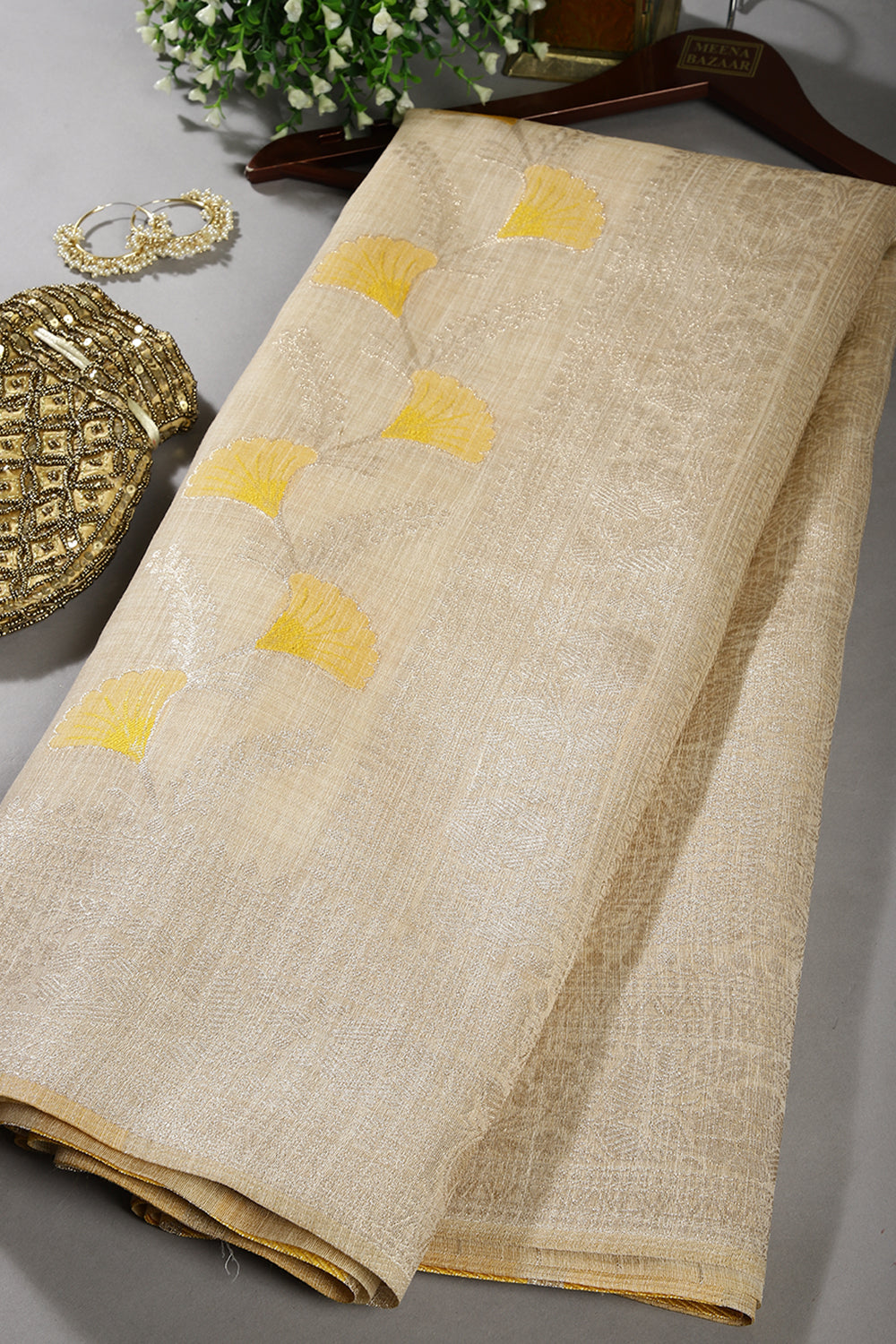 Beige & Mustard Color Chanderi Cotton Zari Woven Saree