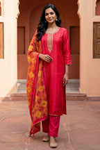 Rani Neck-Embroidered And Printed Silk Suit Set
